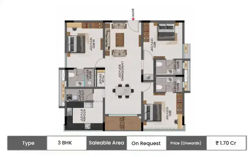 Casagrand Evon 3 BHK floor plan,  sq ft carpet area