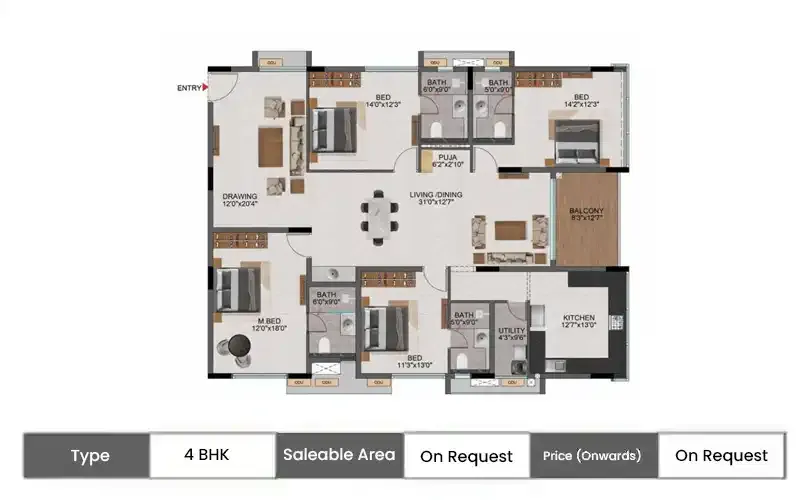 Casagrand Evon 4 BHK floor plan,  sq ft carpet area